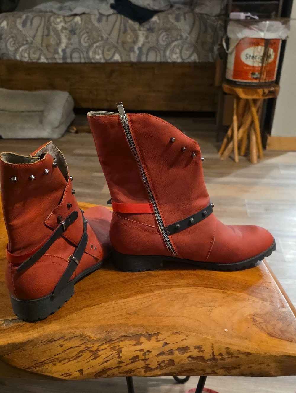 Women's Red Studded Zip-Up Ankle Boots